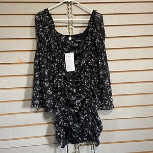 NWTS New Exlura Black Floral Dress‎ Ruched Mini Dress Women's Small
